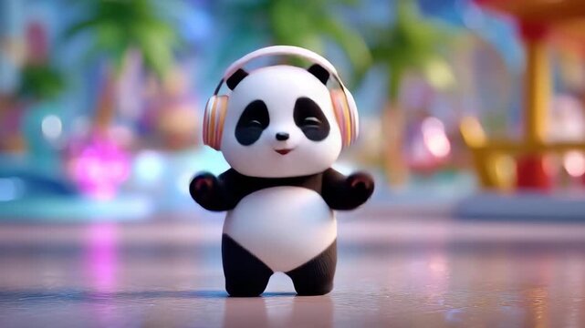 Cute cartoon panda wearing headphones and dancing with joy in a colorful, blurred amusement park setting