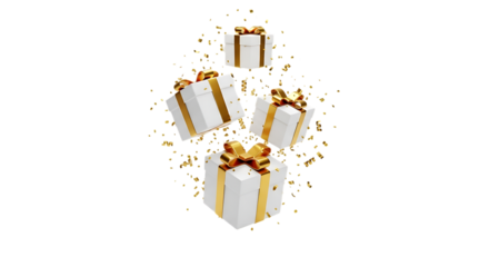 Elegant white gift boxes falling with gold confetti