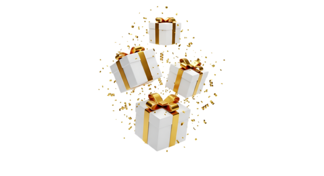 Elegant white gift boxes falling with gold confetti