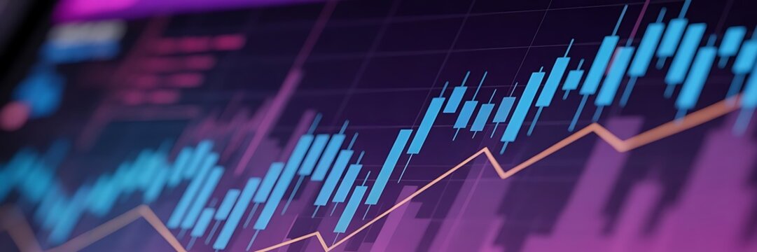 Financial graph with up trend line candlestick chart in stock market on neon color Widescreen background.. - Powered by Adobe