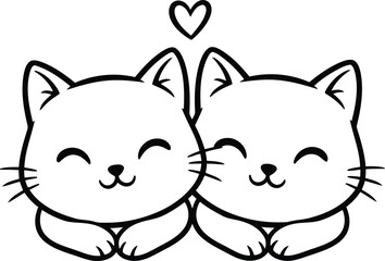 Cute cartoon outline of two happy cats in love with a heart above