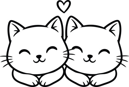 Cute cartoon outline of two happy cats in love with a heart above