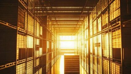 Golden server racks storing digital data in warehouse - Powered by Adobe