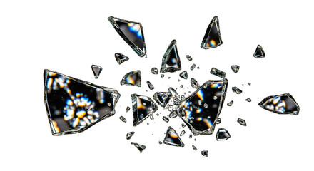 Abstract shards of shattered crystal glass with rainbow refractions isolated on transparent background