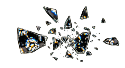 Abstract shards of shattered crystal glass with rainbow refractions isolated on transparent background