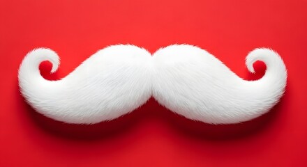 Fluffy white santa claus mustache accessory with curled ends against a vibrant red background for holiday celebrations