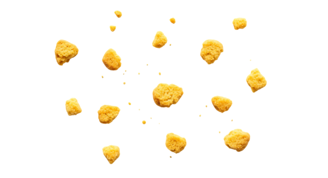 Scattered golden corn kernels on black background