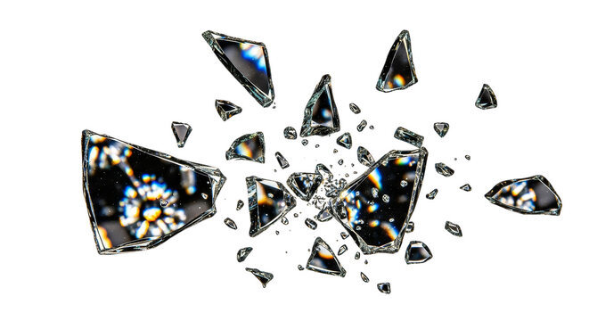 Abstract shards of shattered crystal glass with rainbow refractions isolated on transparent background