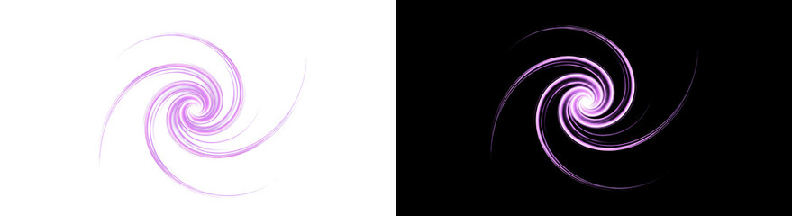 Set of two dynamic purple spiral elements, one a painterly brush stroke on a white background and the other a glowing neon vortex isolated on a black background for modern design
