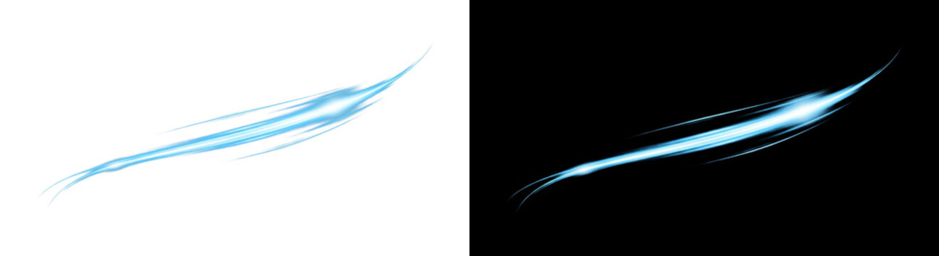 Abstract glowing blue energy slash with a dynamic motion trail, a futuristic special effect element isolated on contrasting black and white backgrounds for design