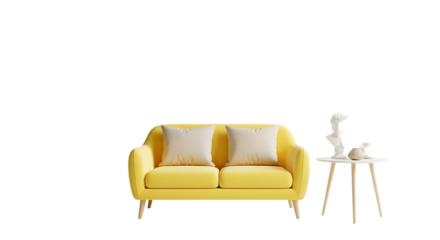 Modern yellow loveseat with side table and sculpture