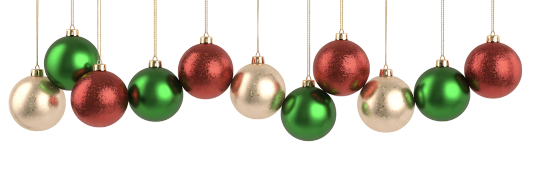 Row of red, green, and silver christmas ornaments isolated on transparent background