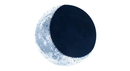 Detailed crescent moon phase with visible craters and texture isolated on transparent background