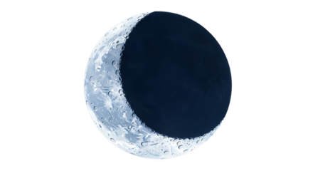 Detailed crescent moon phase with visible craters and texture isolated on transparent background