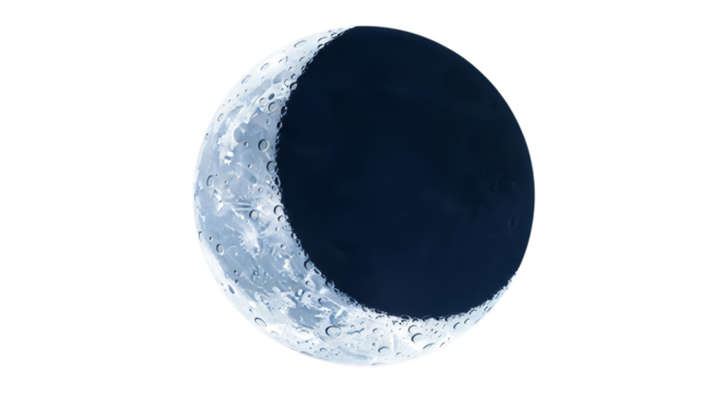 Detailed crescent moon phase with visible craters and texture isolated on transparent background