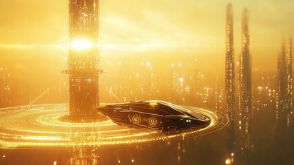 Advanced flying vehicle docking in futuristic cityscape at golden hour - Powered by Adobe
