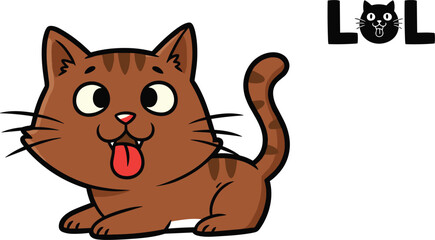 Funny cartoon cat illustration, playful feline with tongue out, LOL text design, humorous animal vector, cute pet drawing for stock content