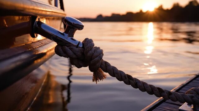 Close-Up of Boat Rope at Sunset Dock 4k video 