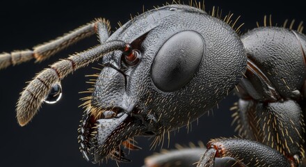 Macro shot of an ants head with a water droplet on its antenna showcasing intricate details.
