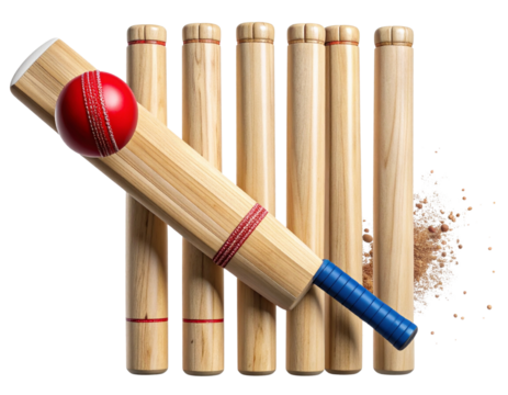 Cricket Bat in Swing Motion with Flying Bails and Ball Impacting Stumps, Action PNG - Powered by Adobe