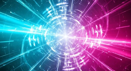 Abstract glowing light trails converging toward a central bright point with radial symmetry design