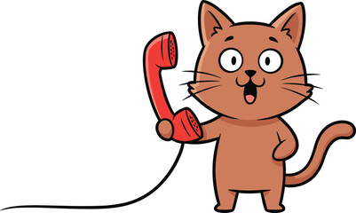 Funny cartoon cat holding red telephone, surprised expression, anthropomorphic animal illustration for humor, communication, kids content, and vector design