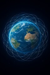 A detailed depiction of Earth in outer space, encircled by a multitude of interconnected, glowing trails representing the orbital paths of  thousands of satellites