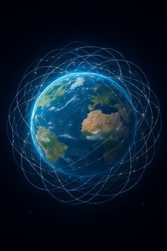 A detailed depiction of Earth in outer space, encircled by a multitude of interconnected, glowing trails representing the orbital paths of  thousands of satellites
