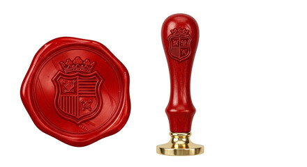 Antique red wax seal stamp and impression with intricate crest design isolated on transparent background