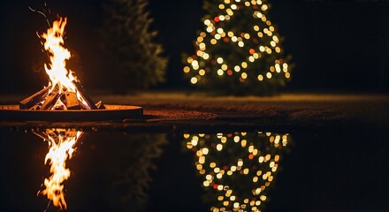 Christmas campfire glows with water reflection bokeh