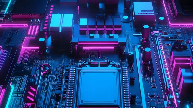 Motherboard hardware with neon light cyberpunk technology glow