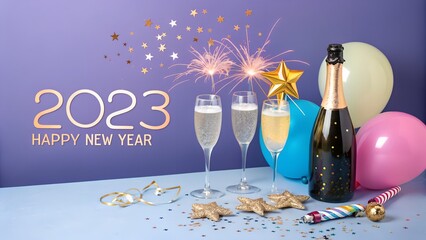 Happy new year 2023 celebration with champagne balloons and sparkling fireworks on a purple background