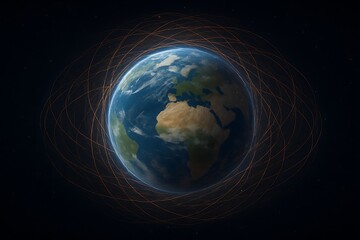 Fototapeta premium A detailed depiction of Earth in outer space, encircled by a multitude of interconnected, glowing trails representing the orbital paths of thousands of satellites