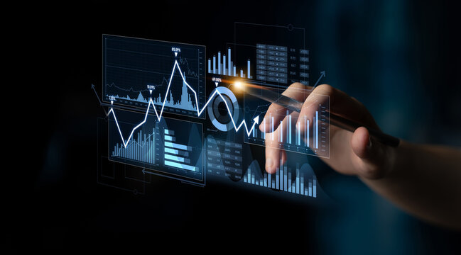 A hand interacts with a vibrant digital financial data display, showcasing graphs and charts, representing modern technology role in business analysis and growth. Scalp