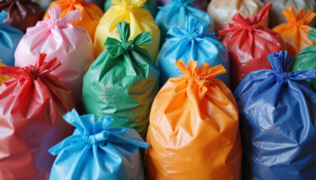 Colorful plastic garbage bags arranged in neat rows for disposal  