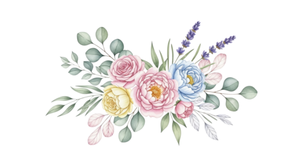 Delicate watercolor floral arrangement featuring soft pink yellow and blue peonies with eucalyptus leaves isolated on transparent background