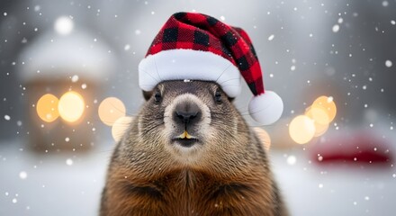 Adorable groundhog wearing a festive red and black plaid santa hat in a snowy winter wonderland with bokeh lights