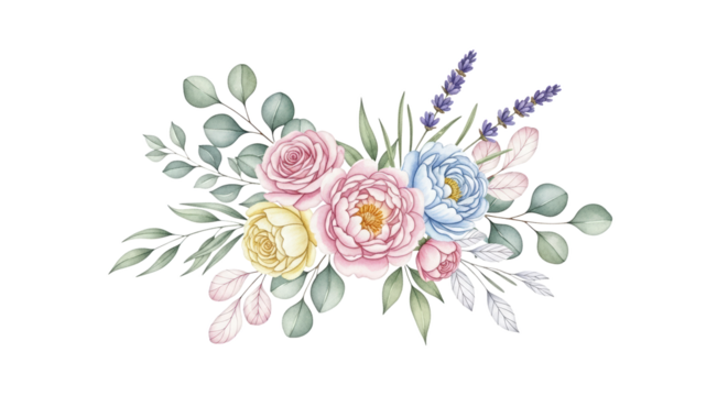Delicate watercolor floral arrangement featuring soft pink yellow and blue peonies with eucalyptus leaves isolated on transparent background - Powered by Adobe