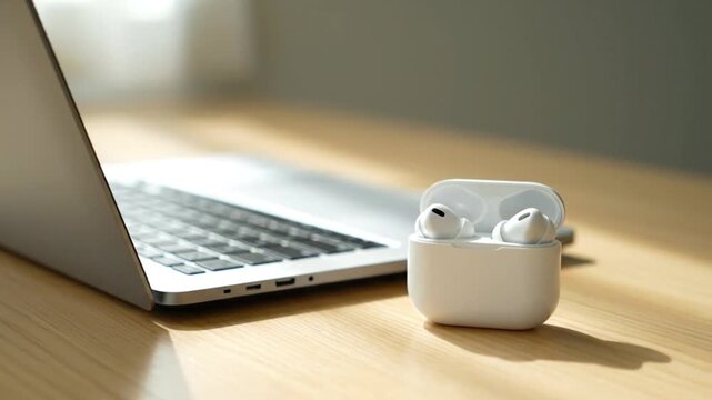 White wireless earbuds in a charging case sit next to a modern silver laptop on a wooden desk.