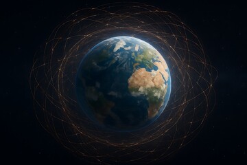 A detailed depiction of Earth in outer space, encircled by a multitude of interconnected, glowing trails representing the orbital paths of  thousands of satellites