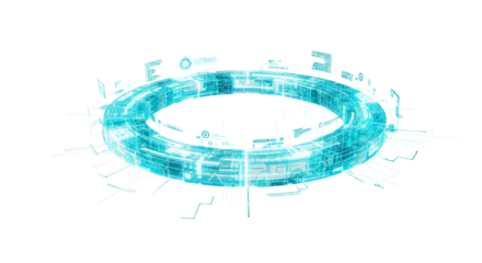 Futuristic glowing cyan ring with digital data streams and abstract geometric elements isolated on transparent background