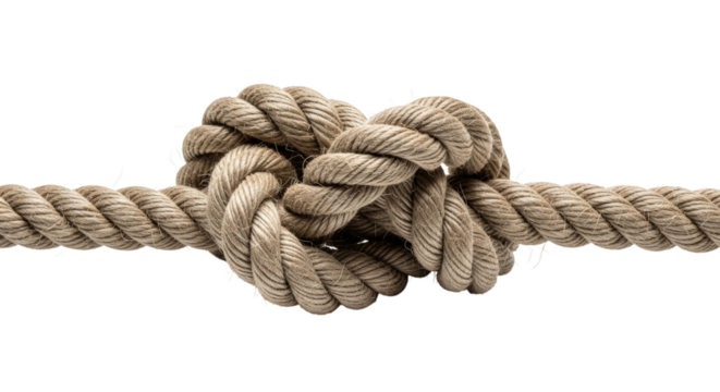 Detailed close up of a thick textured rope tied in a complex knot isolated on transparent background