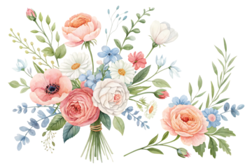 Beautiful watercolor floral bouquet with delicate pink roses and white daisies arranged artfully isolated on transparent background