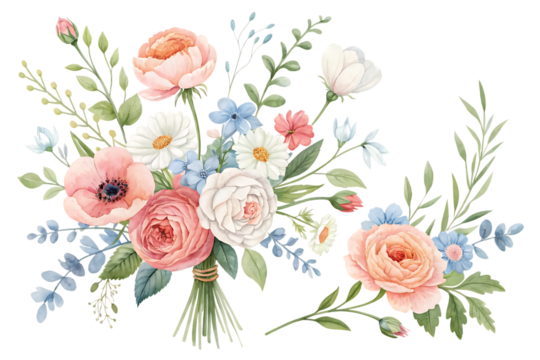 Beautiful watercolor floral bouquet with delicate pink roses and white daisies arranged artfully isolated on transparent background