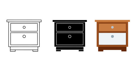 Simple line drawing of a two drawer nightstand Vector Illustration in 3 Style, Line Art Silhouette and  Color Vector graphic design resource