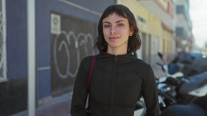 Young hispanic woman wearing black jacket smiles showing teeth against graffiti wall on sunlit street; joy.