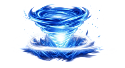 Vibrant blue elemental vortex of energy swirling upwards with glowing particles isolated on transparent background