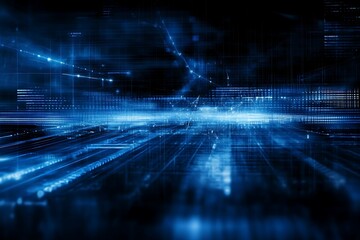 Abstract blue digital landscape with connections, data streams, and lines of code visualization