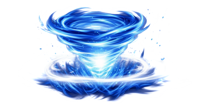 Vibrant blue elemental vortex of energy swirling upwards with glowing particles isolated on transparent background