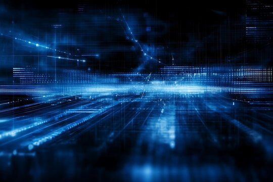 Abstract blue digital landscape with connections, data streams, and lines of code visualization